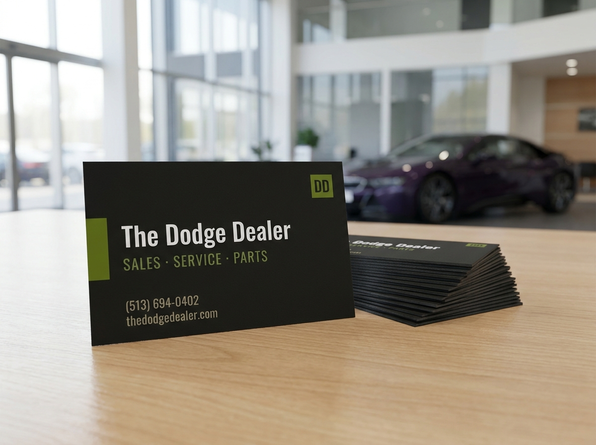 The printed Dodge Dealer business cards on the dealership counter